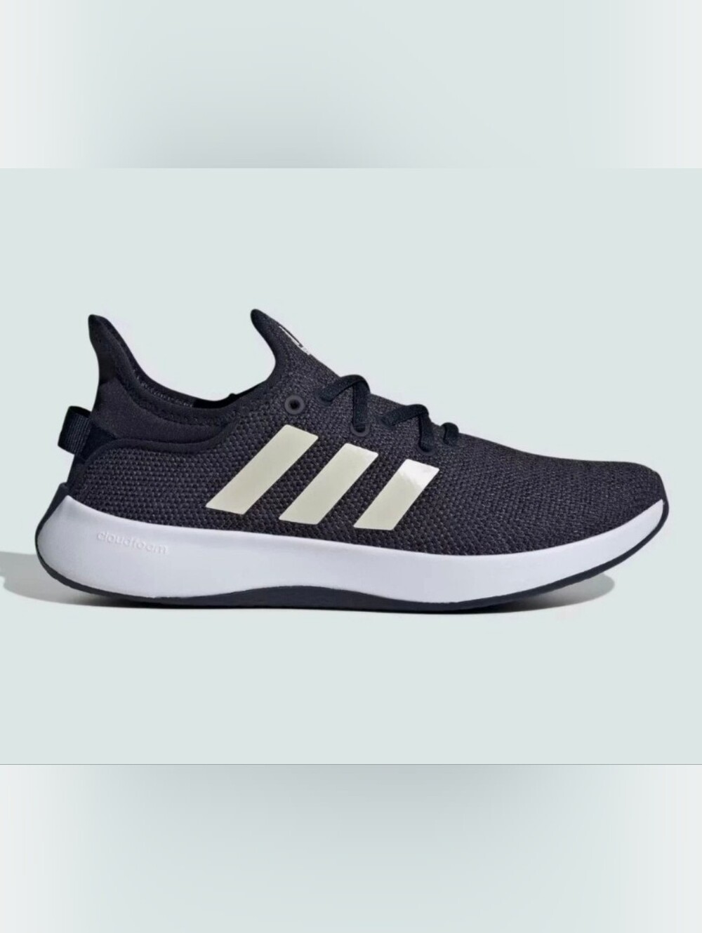 Adidas Cloudfoam Pure SPW Black Athletic Sneakers with White Stripes